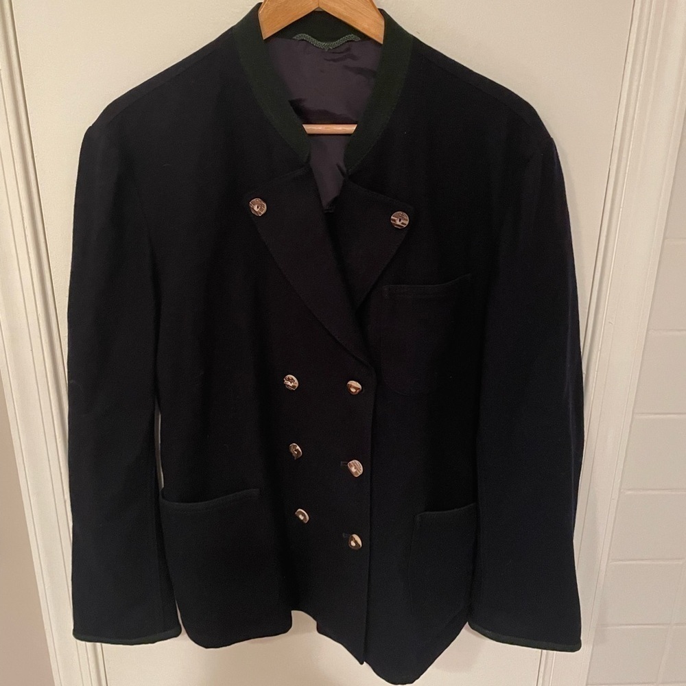 Lorenfrey Soft Wool Navy Sailor Style Green Trimmed Coat with unique wood button - Picture 10 of 11